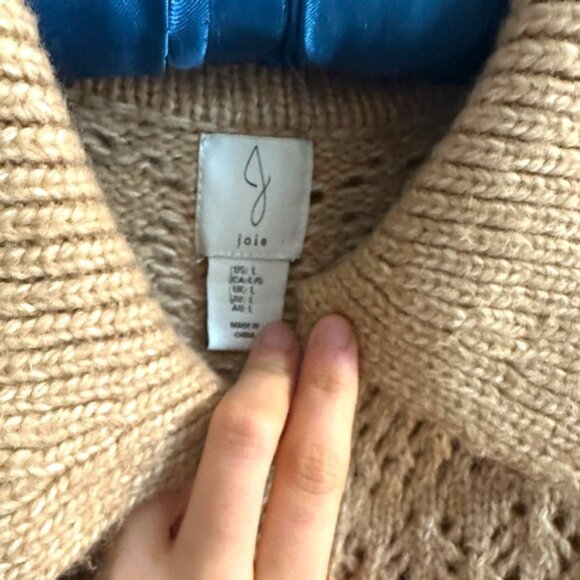 Joie Crochet Knit Collared Button Up Cardigan Sweater top boho tan light brown L - Picture 5 of 7